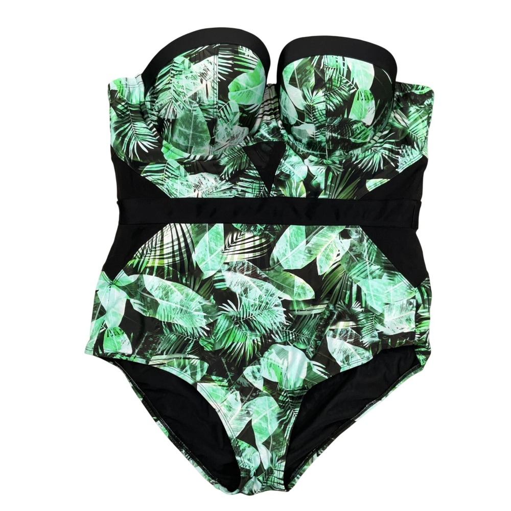 Torrid 1 Piece Swimsuit Women 2X Green Black Tropical Palm Bustier Mesh